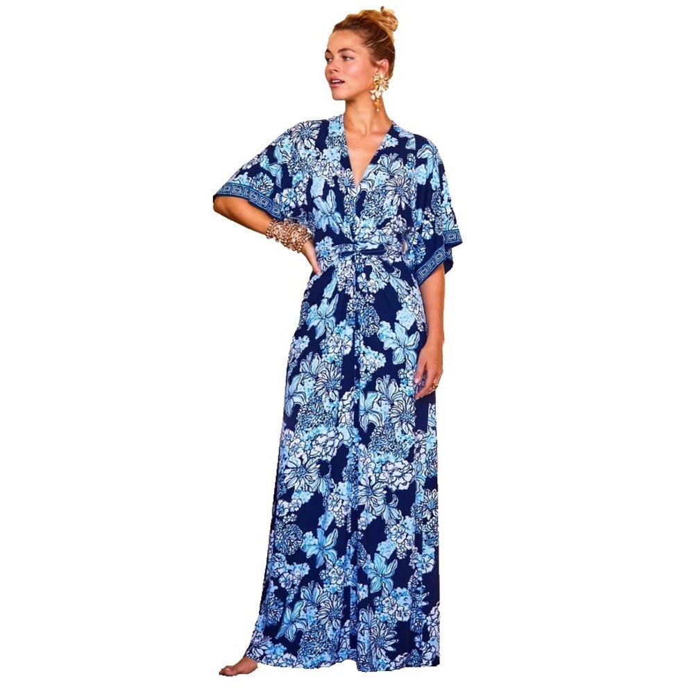 Lilly Pulitzer sz 6 Wisteria Maxi Dress *BOUQUET ALL DAY* Navy Blue Kimono Wrap